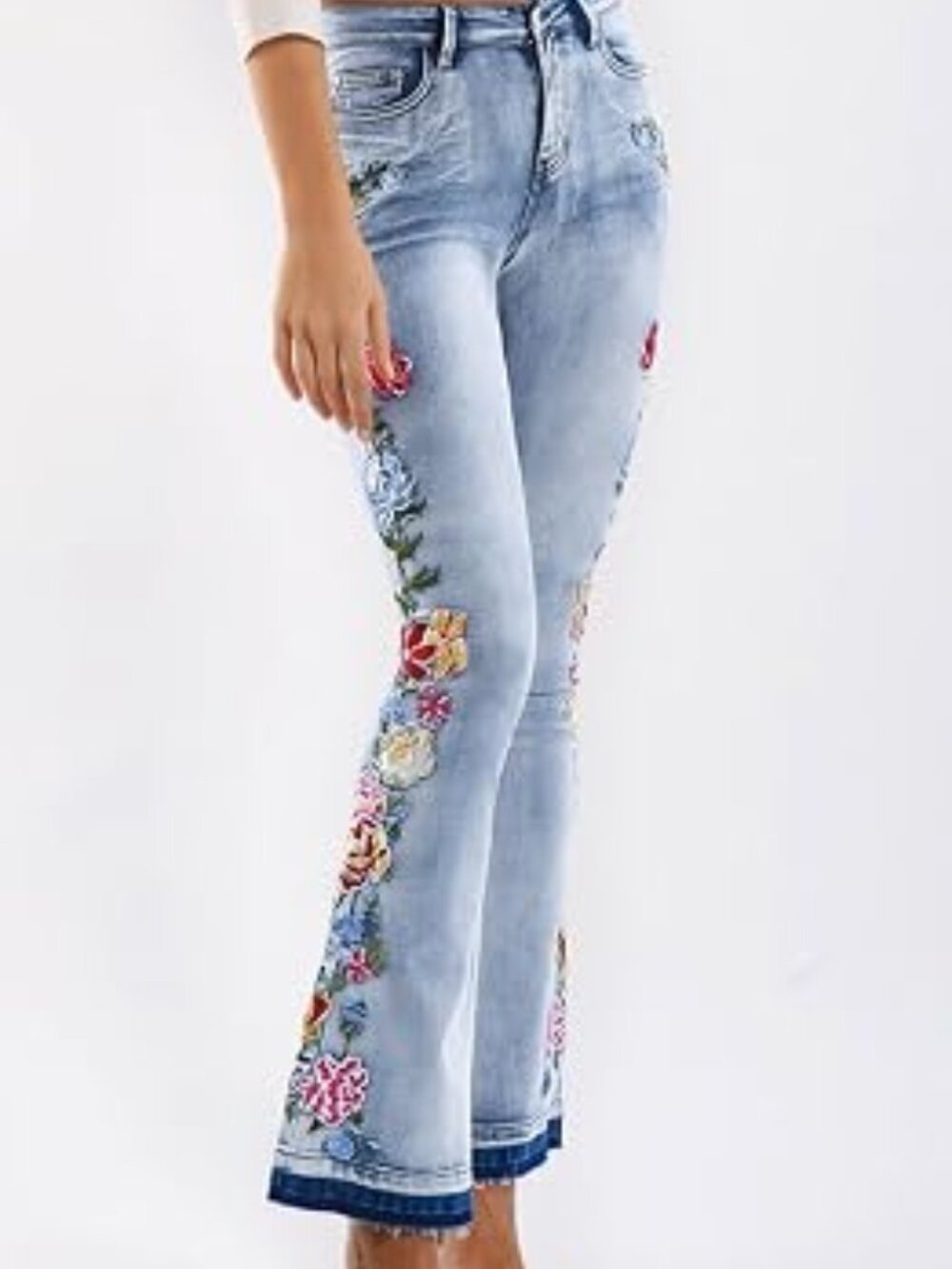 Womens Chic Floral Embroidered High-Rise Bell Bottom Flare Jeans 4-6